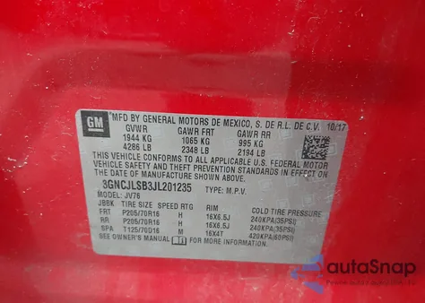 2018 Chevrolet Trax Lt z USA, uszkodzony, nr VIN 3GNCJLSB3JL201235